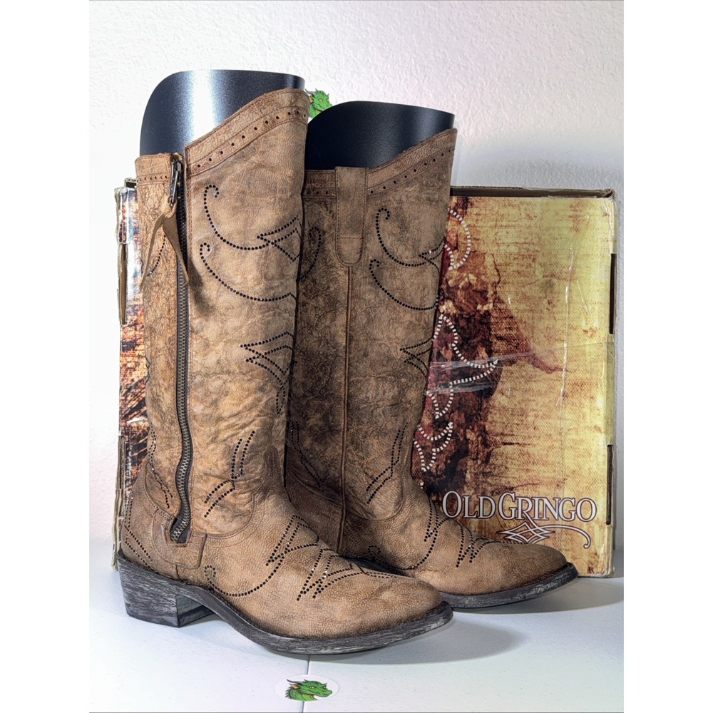 NEW Old Gringo Dulce Gold Distressed Brown Leather Rhinestone Cowboy Boots 7 B